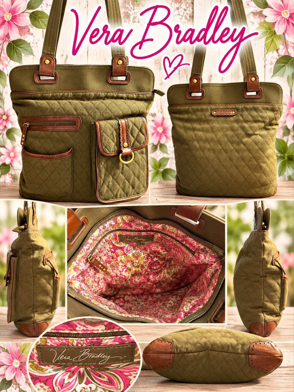 Vera Bradley Middleton Slim Olive Green Quilted Tote